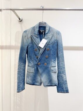 🚩authentic Balmain Blue Washed Denim Double-Breasted Pea Coat